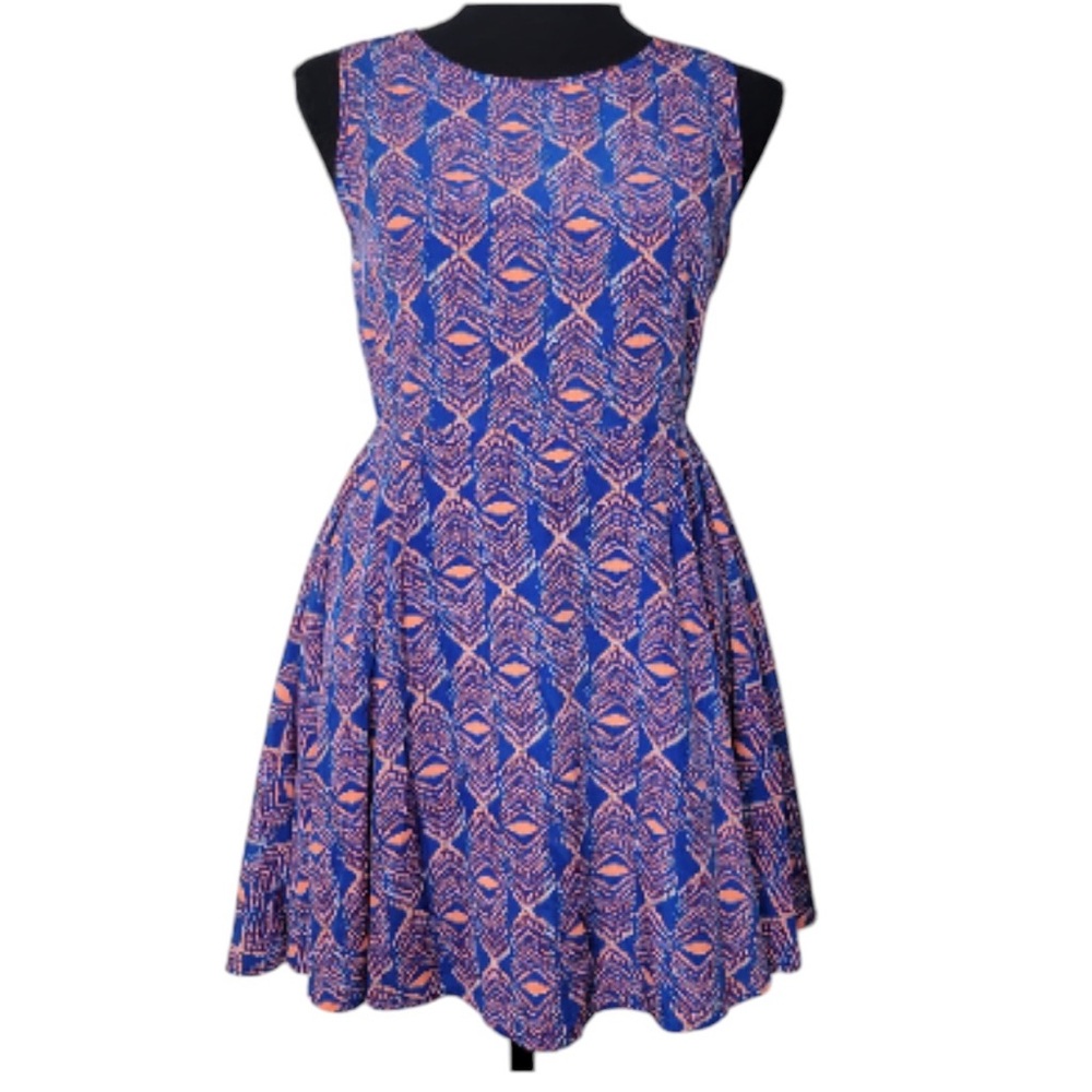 GB Gianni Bini Sleeveless Fit & Flare Graphic Skater Dress Blue Coral Size Large